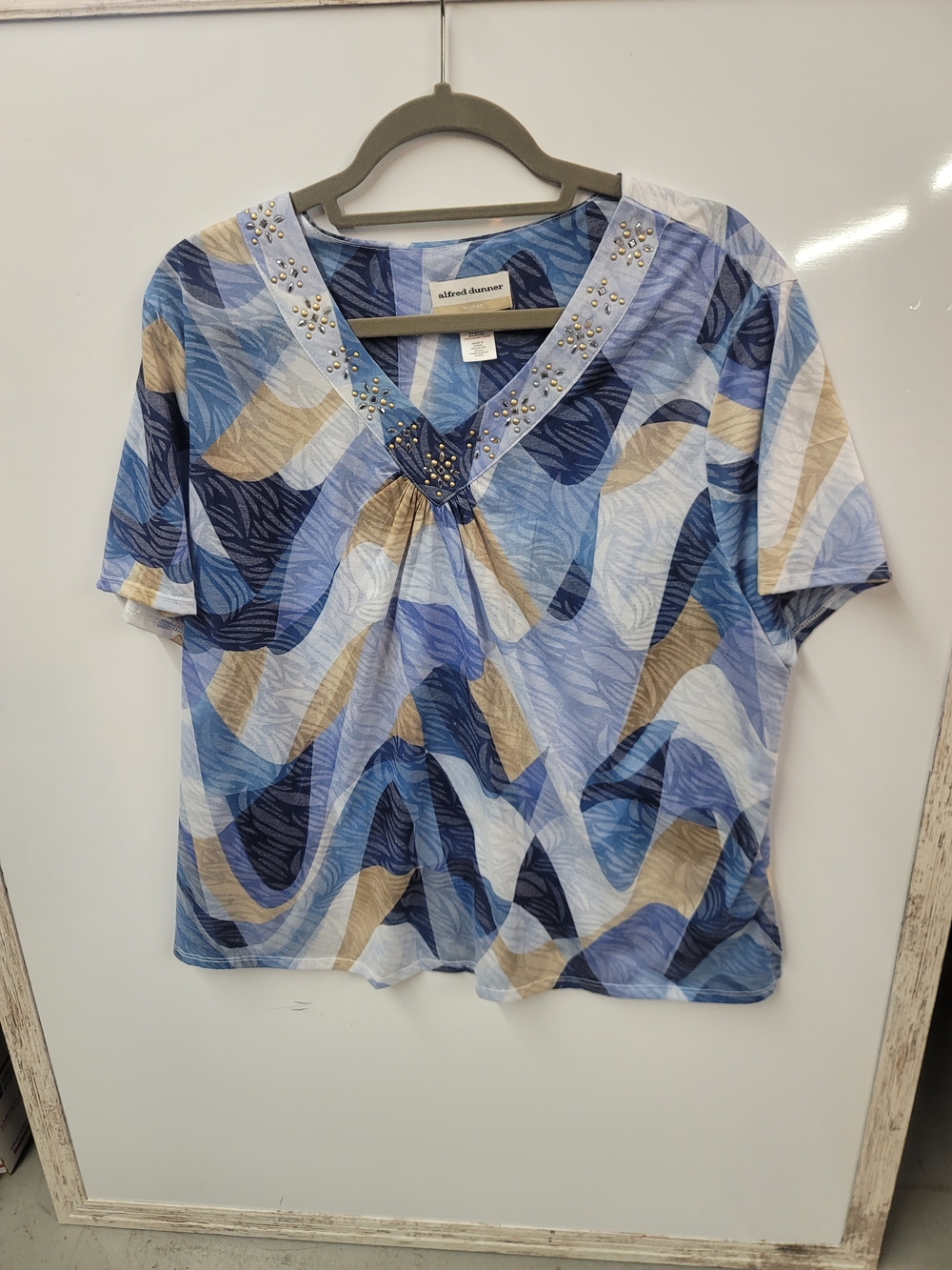 Alfred Dunner Blue Tan Multi V-Neck Short Sleeve Top with Embellished Neck